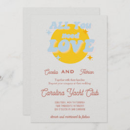 Invitación a la boda retro azul y amarillo bebé