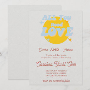 Invitación a la boda retro azul y amarillo bebé