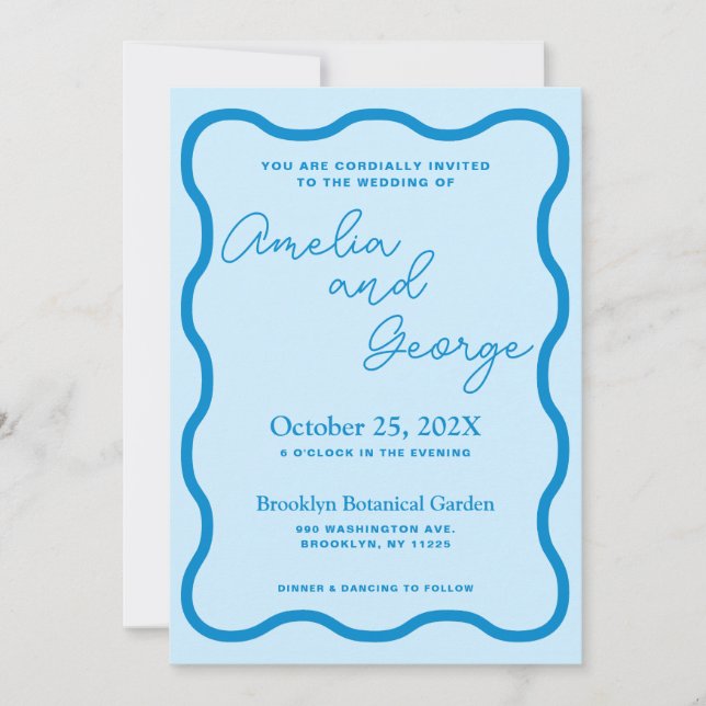 Invitación a la boda retro con onda azul (Anverso)