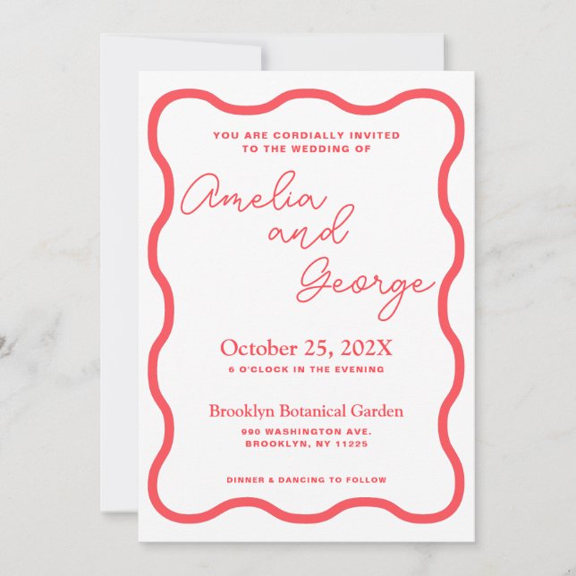 Invitación a la boda retro con onda de coral (Anverso)