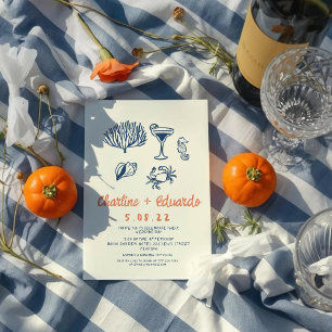Invitación a la boda retro de la costa dibujada po