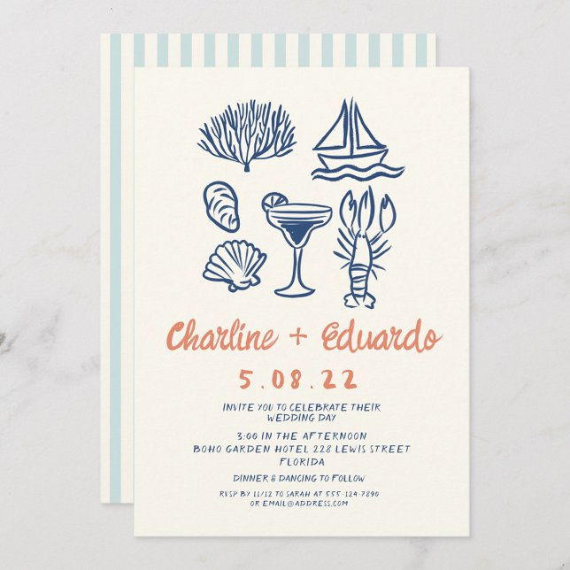 Invitación a la boda retro de la costa dibujada po (Subido por el creador)