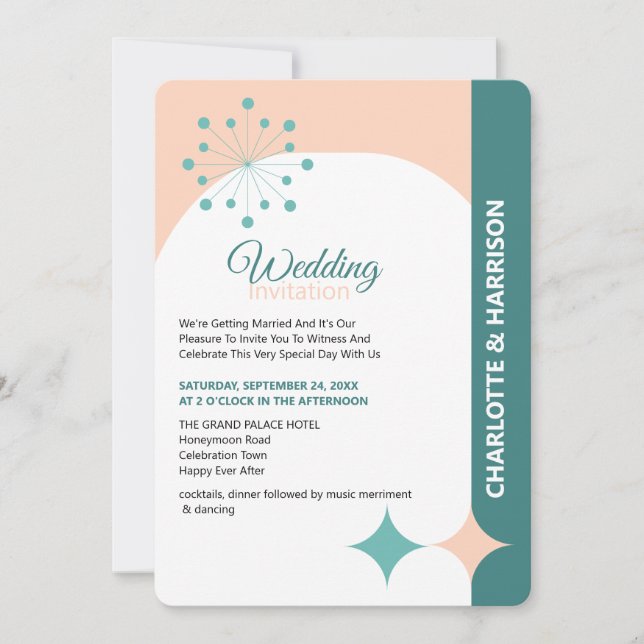 Invitación a la boda retro de mediados de siglo (Anverso)