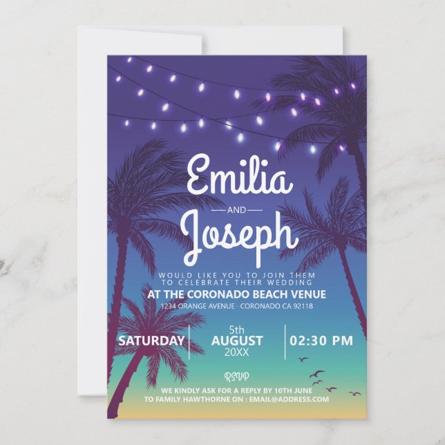 Invitación a la Boda Retro de Palm Beach Tropical (Anverso)