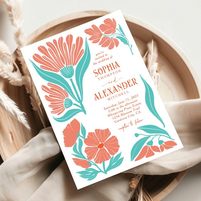 Invitación a la boda retro del Boho de coral y tur (Subido por el creador)