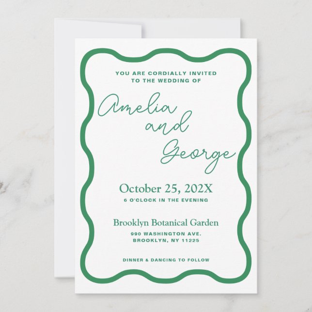 Invitación a la boda retro ondulada verde (Anverso)