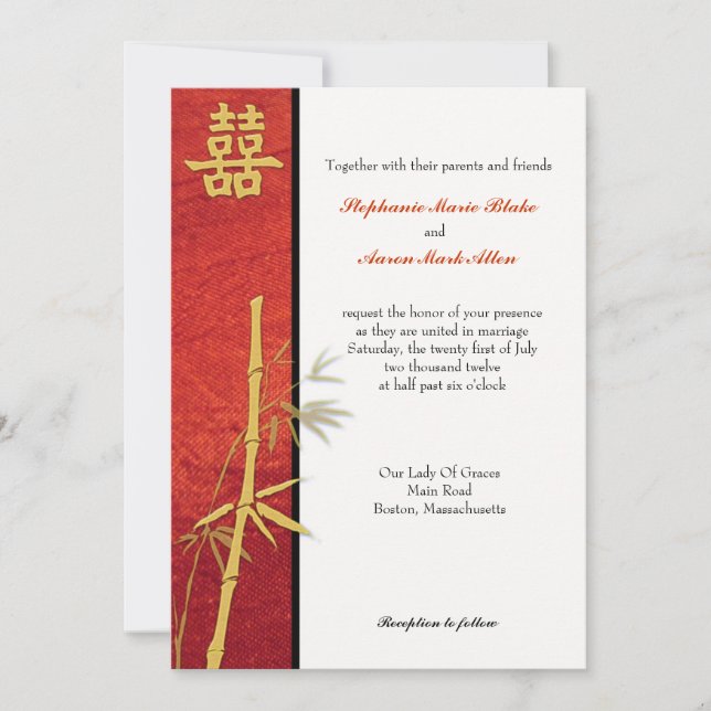 Invitación a la Boda Roja Asiática de Doble Felici (Anverso)