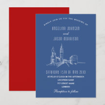 Invitación a la boda roja azul en el Skyline de Lo