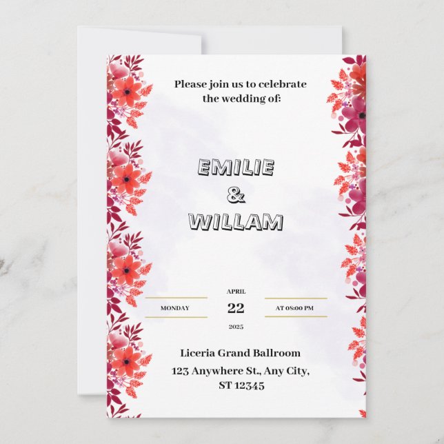 Invitación a la boda roja con acuarela estética (Anverso)