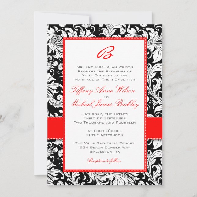 Invitación a la boda roja de damasco blanco negro (Anverso)