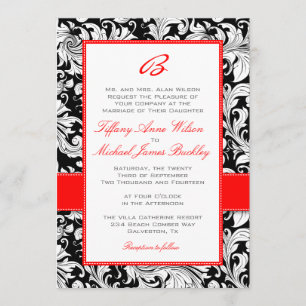 Invitación a la boda roja de damasco blanco negro