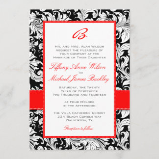 Invitación a la boda roja de damasco blanco negro