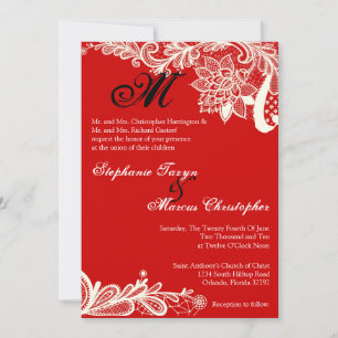 Invitación a la boda roja de encaje pintado de 5x7