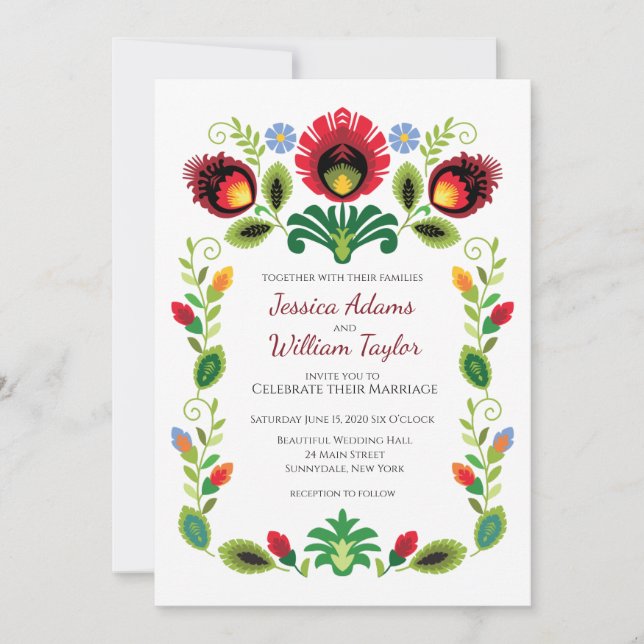 Invitación a la boda roja de flores folclóricas po (Anverso)