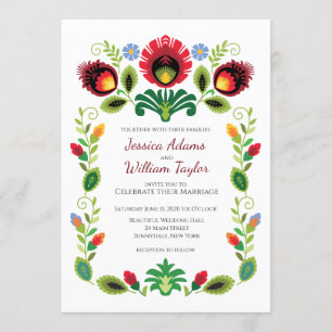 Invitación a la boda roja de flores folclóricas po