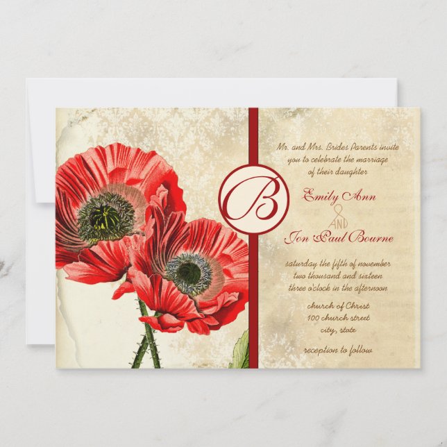 Invitación a la boda roja de la amapola de la amap (Anverso)