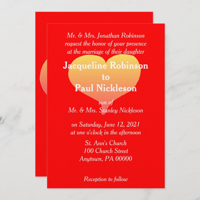 Invitación a la boda roja del corazón del atardece (Anverso / Reverso)