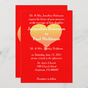 Invitación a la boda roja del corazón del atardece