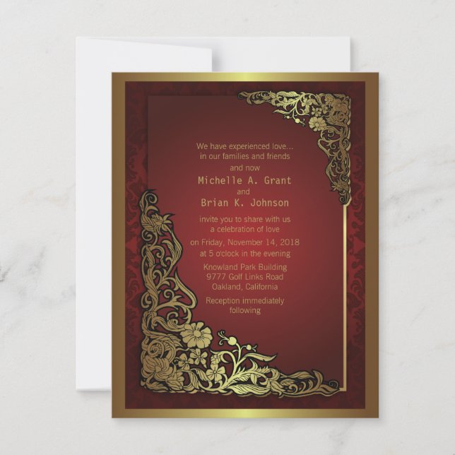 Invitación a la Boda Roja Dorada Damask de 4.25x5. (Anverso)