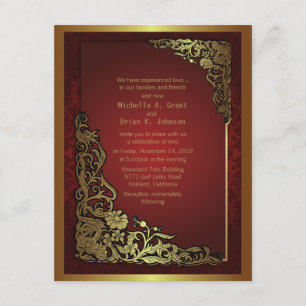 Invitación a la Boda Roja Dorada Damask de 4.25x5.