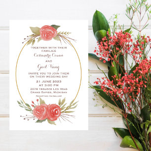 Invitación a la boda roja floral acuarela