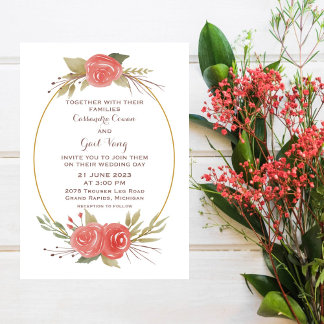 Invitación a la boda roja floral acuarela