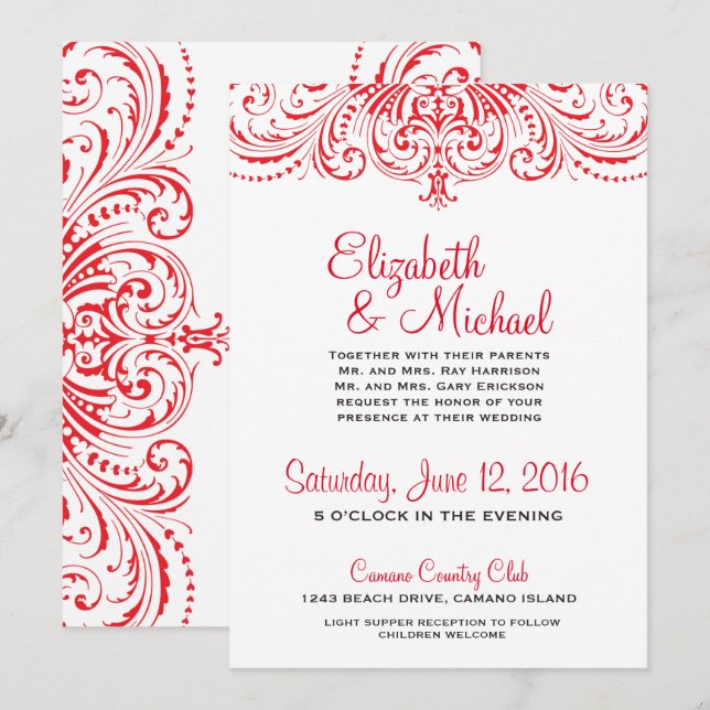 Invitación a la boda roja y blanca (Anverso / Reverso)