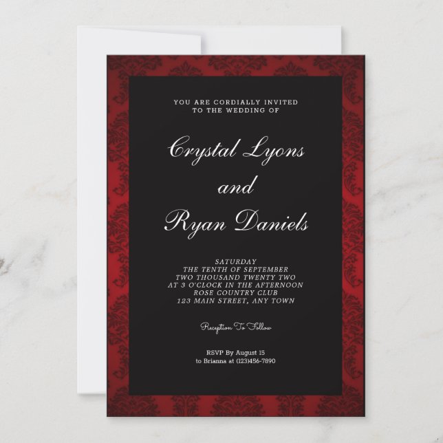 Invitación a la boda roja y negra retro (Anverso)