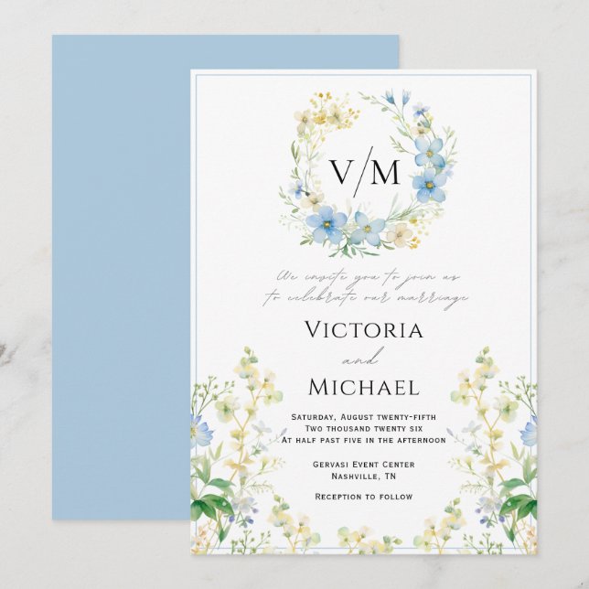Invitación a la boda romántica con flor azul (Anverso / Reverso)