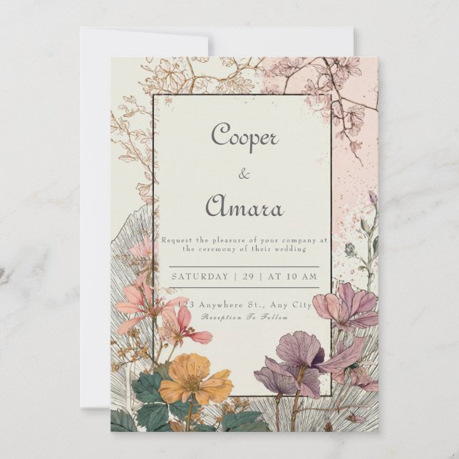 Invitación a la boda romántica con flores (Anverso)