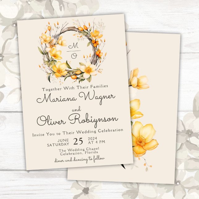 Invitación a la boda romántica con flores amarillo (Subido por el creador)