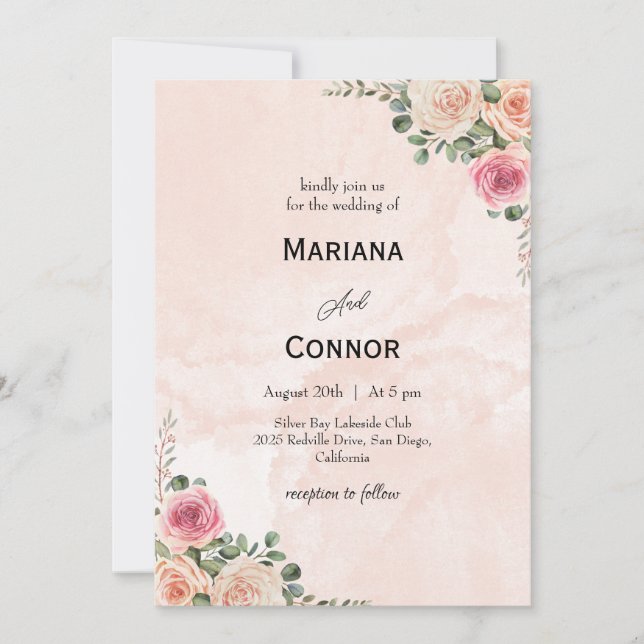 Invitación a la boda romántica con flores de crema (Anverso)