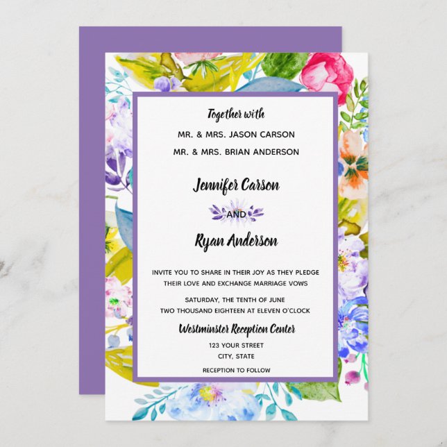 Invitación a la Boda Romántica con Flores Púrpura (Anverso / Reverso)
