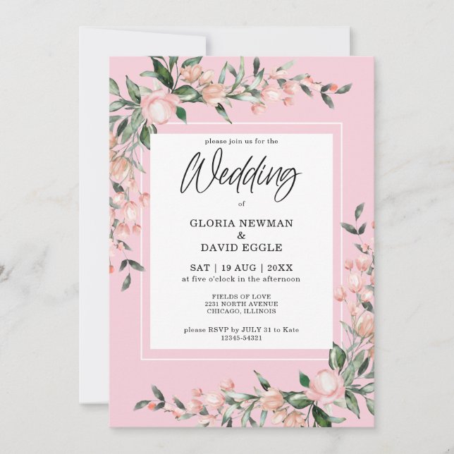 Invitación a la boda romántica con flores rosadas (Anverso)