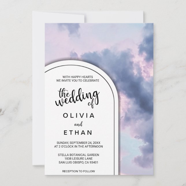 Invitación a la boda romántica con puesta de sol e (Anverso)