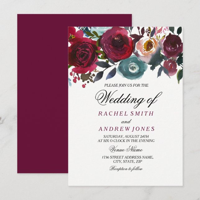 Invitación a la Boda Romántica de Borgoña de Vino  (Anverso / Reverso)