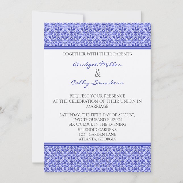 Invitación a la boda romántica de damasco, azul re (Anverso)