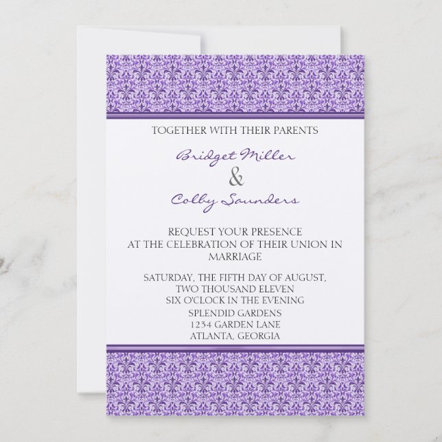 Invitación a la boda romántica de damasco, berenje (Anverso)