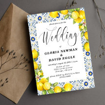 Invitación a la boda romántica de lémulos y azulej