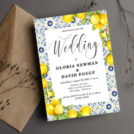 Invitación a la boda romántica de lémulos y azulej