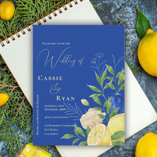 Invitación a la boda romántica de limón floral azu (Romantic Blue Floral Lemon Wedding Invitation Postcard)