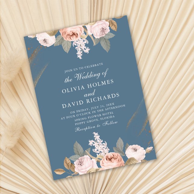Invitación a la boda romántica de los pueblos azul (Romantic Blue Peonies Wedding Invitation on dry fan palm leaf.)