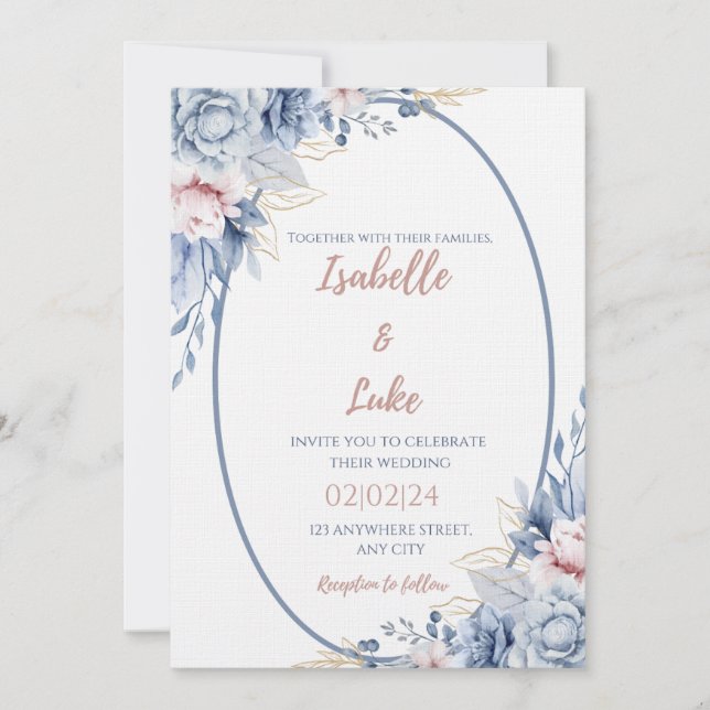 Invitación a la boda romántica de oro de Rosa azul (Anverso)