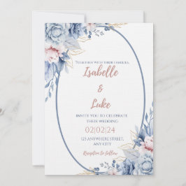 Invitación a la boda romántica de oro de Rosa azul