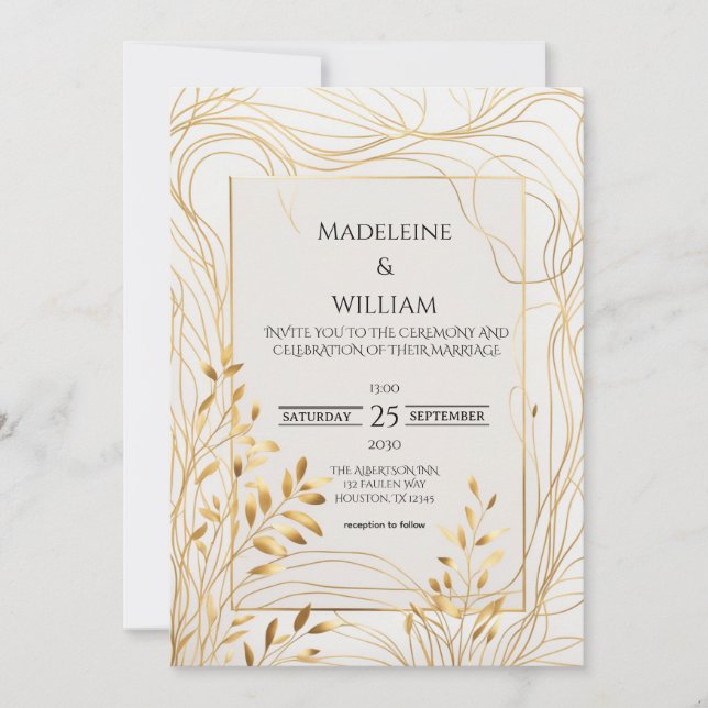 Invitación a la boda romántica de oro y eucalipto (Anverso)