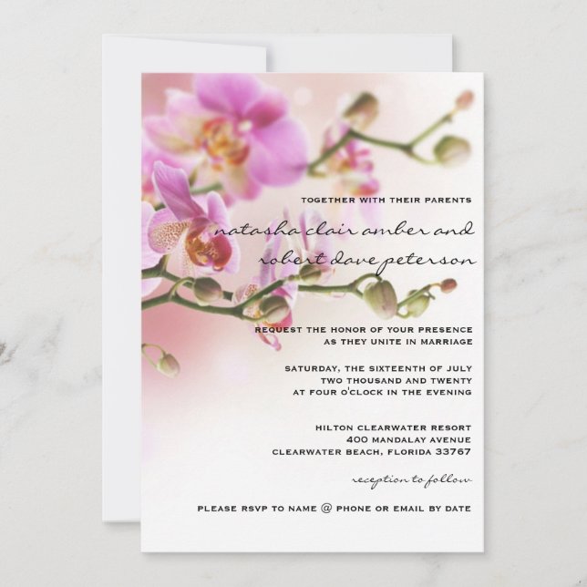 Invitación a la boda romántica de orquídeas rosas, (Anverso)
