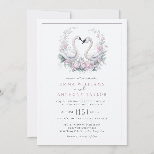 Invitación a la boda romántica de pareja de cisnes (Anverso)