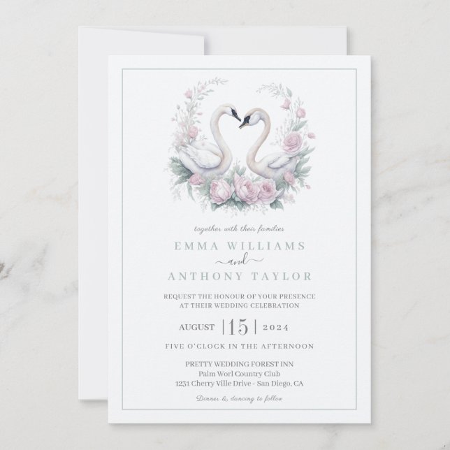 Invitación a la boda romántica de parejas de cisne (Anverso)