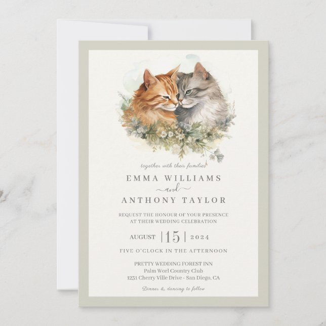 Invitación a la boda romántica de parejas de gatos (Anverso)