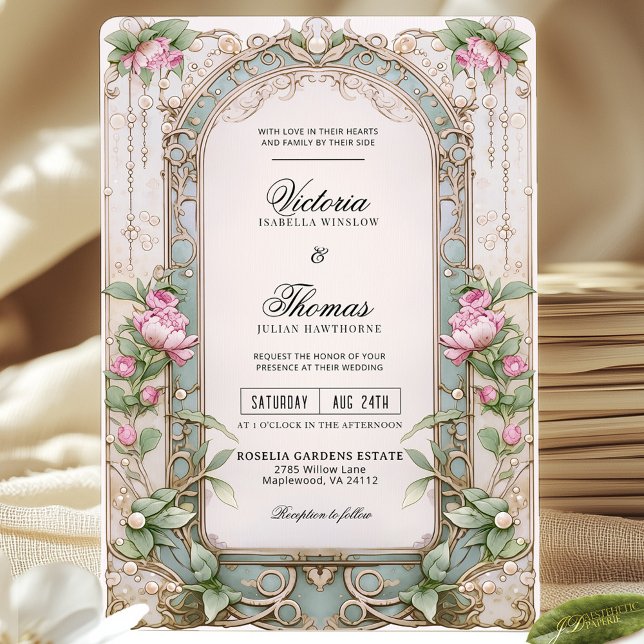 Invitación a la boda romántica de peones rosados e (Subido por el creador)